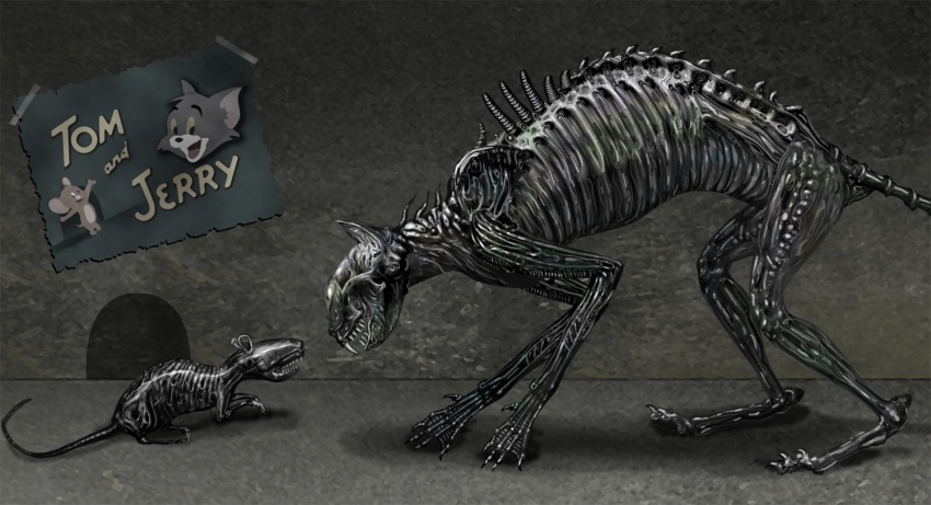 cat character_name facing_another grey_background h.r._giger_(style) horror_(theme) indoors jerry_(tom_and_jerry) mouse_hole no_humans poster_(object) profile skeleton tom_(tom_and_jerry) tom_and_jerry toshi_(hokkaido2015)