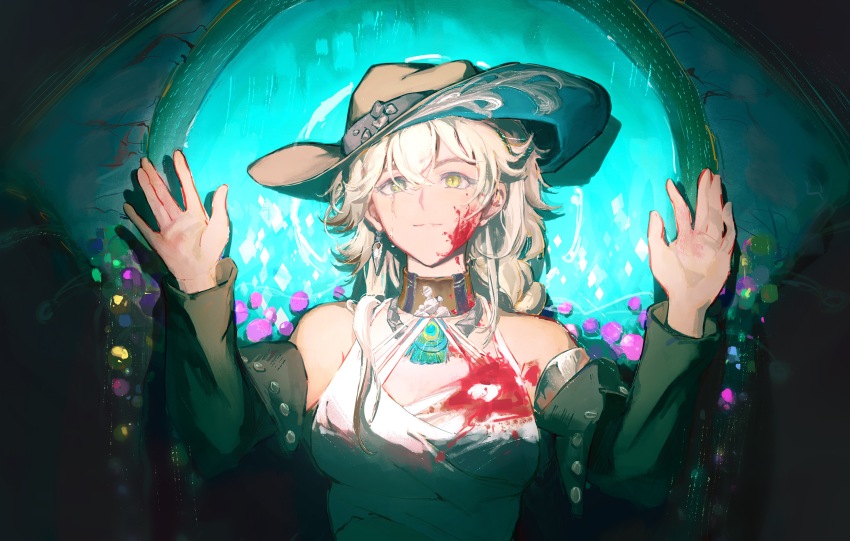 1girl absurdres aqua_background argus_(reverse:1999) bare_shoulders blonde_hair blood blood_on_chest blood_on_face braid brown_choker brown_hat brown_sleeves choker cowboy_hat crying crying_with_eyes_open dark_background detached_sleeves grey_eyes hands_up hat heterochromia highres light_smile long_hair mangxia_xiang_chi_mangguo peacock_feathers reverse:1999 scar scar_across_eye scar_on_face single_braid single_tear solo spotlight straight-on tank_top tears upper_body white_tank_top yellow_eyes