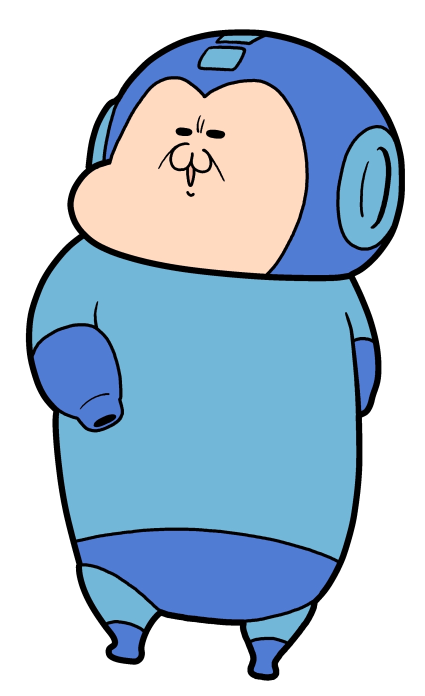 1boy :3 absurdres arm_cannon blue_gloves bodysuit fat fat_man full_body gloves helmet highres koutarosu mega_man_(character) mega_man_(series) open_mouth parody standing style_parody weapon white_background