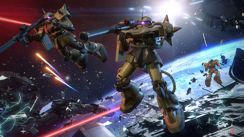 army bazooka_(gundam) debris earth_(planet) energy_beam gundam highres lens_flare magiccoffee mecha mecha_focus missile mobile_suit mobile_suit_gundam no_humans orbit planet realistic robot science_fiction shield space_station spacecraft spikes star_(symbol) star_symbol_background wreckage zaku zaku_ii zeon zero_gravity