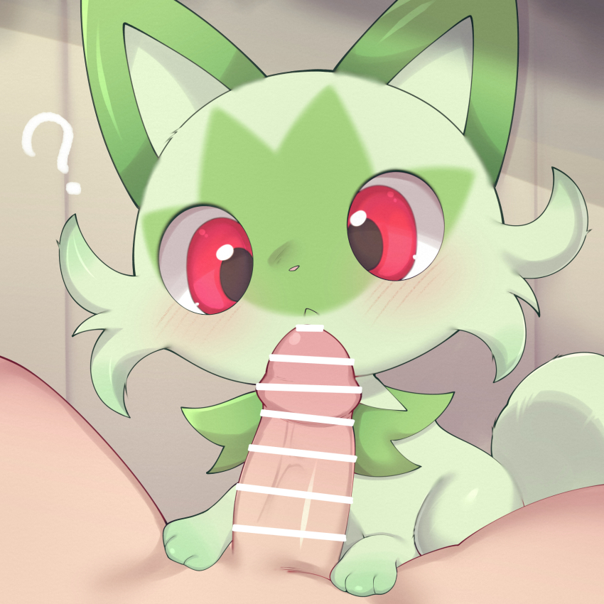 1boy 1other ? animal_ears bar_censor bestiality blush cat_ears cat_paws cat_tail censored erection fellatio game_freak gen_9_pokemon green_fur highres nintendo nude oral penis pokemon pokemon_(creature) pokephilia red_eyes samimitan spread_legs sprigatito tail veins veiny_penis