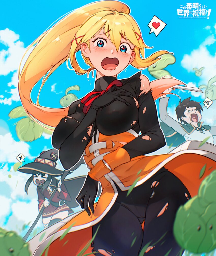 1boy 2girls black_bodysuit blonde_hair blue_eyes blush bodysuit breasts cabbage cape cesar_art456 commentary_request copyright_name covered_erect_nipples darkness_(konosuba) day dress gluteal_fold green_cape hair_ornament hand_on_own_chest hat heart highres kono_subarashii_sekai_ni_shukufuku_wo! large_breasts long_hair long_sleeves megumin multiple_girls open_mouth outdoors ponytail red_dress satou_kazuma screaming shirt sky spanish_commentary torn_bodysuit torn_clothes white_shirt witch_hat x_hair_ornament