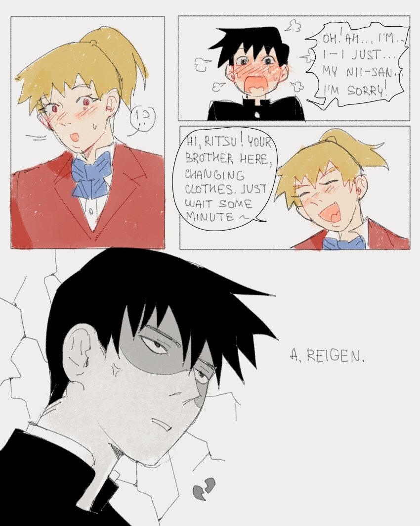2boys absurdres anger_vein black_eyes black_hair blazer blonde_hair blush cc_s_deg crossdressing gakuran highres jacket kageyama_ritsu male_focus mob_psycho_100 multiple_boys open_mouth ponytail reigen_arataka school_uniform shirt short_hair smile speech_bubble very_short_hair
