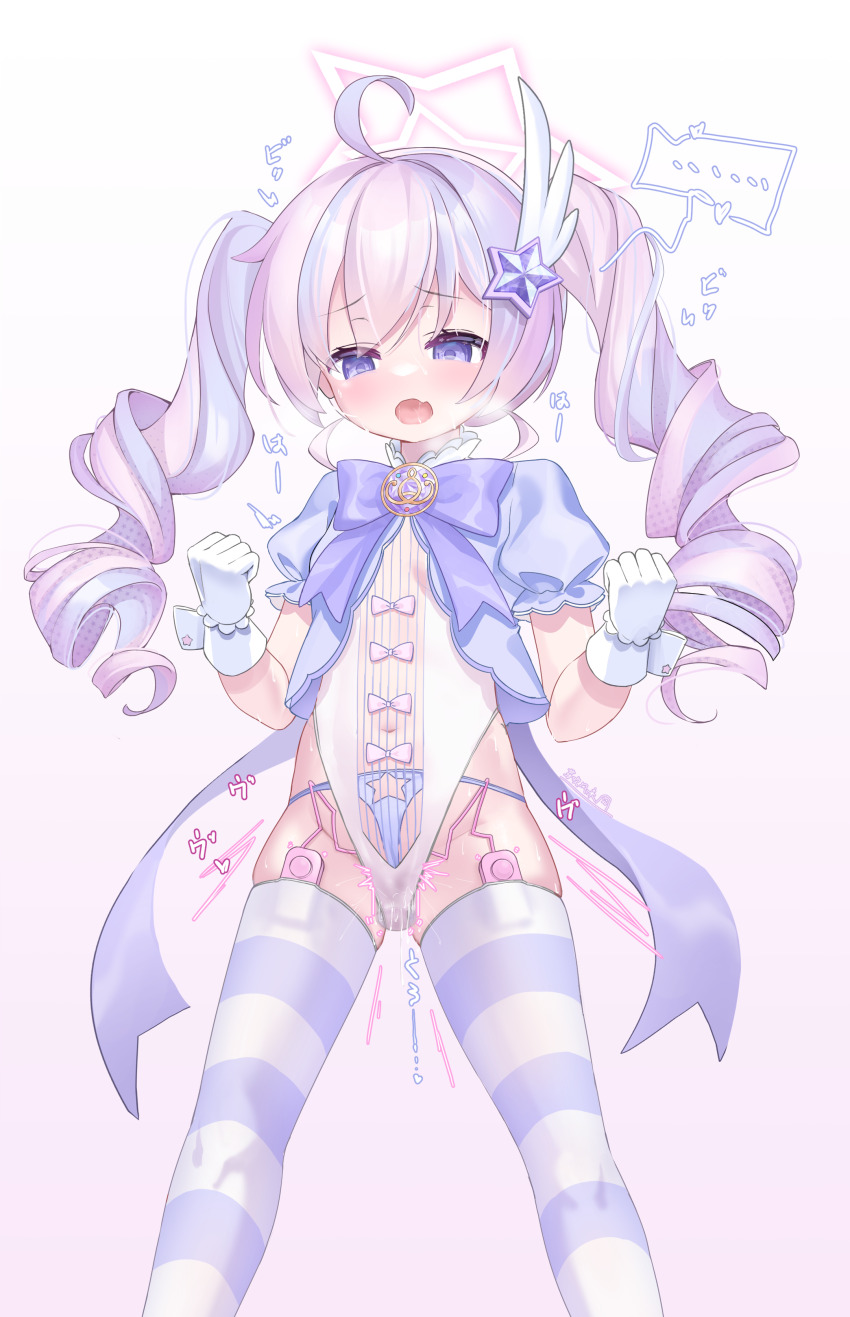 1girl :o absurdres ahoge artist_name blue_archive blush bow clenched_hands drill_hair egg_vibrator fang feather_hair_ornament feathers feet_out_of_frame frown gloves gluteal_fold gradient_background groin hair_between_eyes hair_ornament half-closed_eyes halo heavy_breathing highleg highleg_leotard highres leotard loli long_hair looking_at_viewer magical_girl motion_lines multicolored_hair multiple_views open_mouth panties parted_lips puffy_sleeves purple_bow purple_eyes purple_hair reisa_(blue_archive) reisa_(magical)_(blue_archive) sash sex_toy short_sleeves side-tie_panties skindentation solo star_(symbol) star_hair_ornament star_halo streaked_hair striped_clothes striped_thighhighs surprised thighhighs thighs twintails two-tone_hair underwear vibrator vibrator_in_thighhighs vibrator_under_clothes white_gloves white_hair white_leotard white_wrist_cuffs wrist_cuffs ya_chuifeng_lai