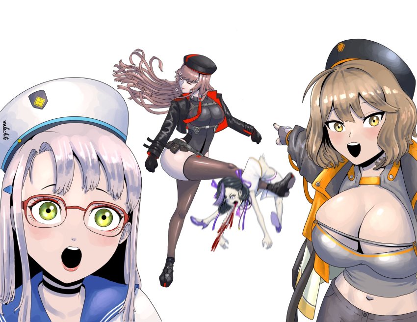 4girls ahoge anis_(nikke) artist_name beret black_footwear black_gloves black_headwear black_jacket black_leotard blonde_hair blood blood_from_mouth blush breasts brown_hair brown_thighhighs cleavage closed_eyes closed_mouth fingerless_gloves glasses gloves goddess_of_victory:_nikke green_eyes grey_hair grey_jacket hair_between_eyes hair_ribbon hat high_heels highres jacket large_breasts leotard lips long_sleeves looking_at_viewer malachite_27346 meme military military_hat military_uniform multiple_girls navel neon_(nikke) open_mouth pink_ribbon pointing pointing_at_another purple_footwear rapi_(nikke) red_eyewear ribbon roundhouse_kick school_uniform serafuku sidelocks signature simple_background syuen_(nikke) teeth thighhighs two_soyjaks_pointing_(meme) white_background white_headwear yellow_eyes