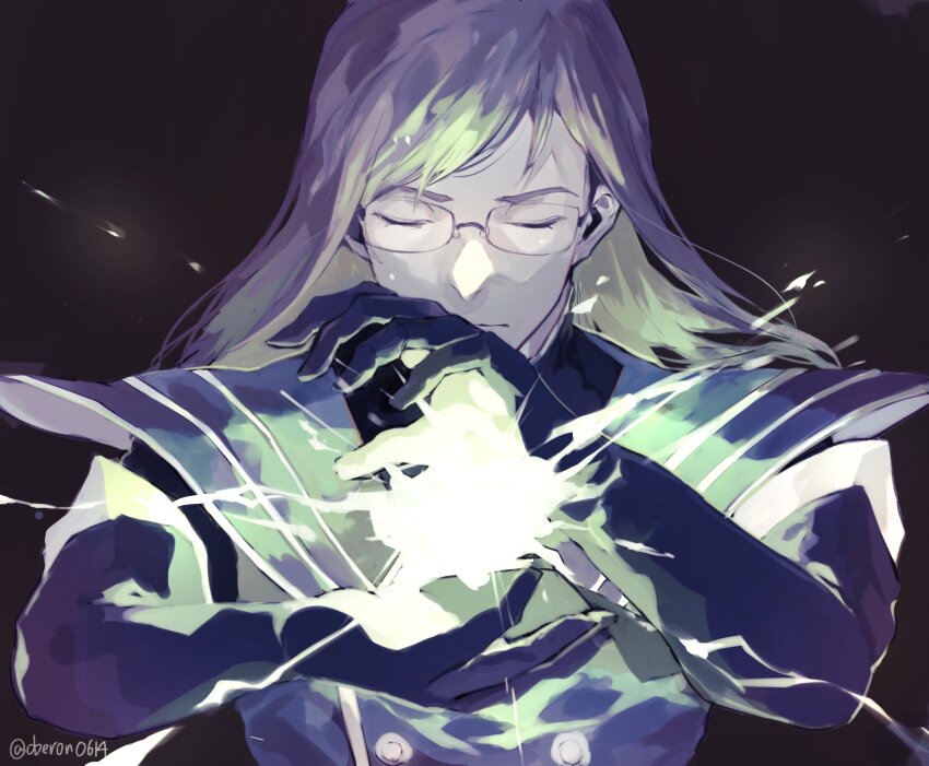 1boy black_background blue_gloves blue_jacket brown_hair buttons closed_eyes closed_mouth commentary_request elbow_gloves facing_viewer glasses gloves high_collar highres jacket jade_curtiss light_particles long_hair magic male_focus oberon0614 open_hands solo tales_of_(series) tales_of_the_abyss twitter_username upper_body