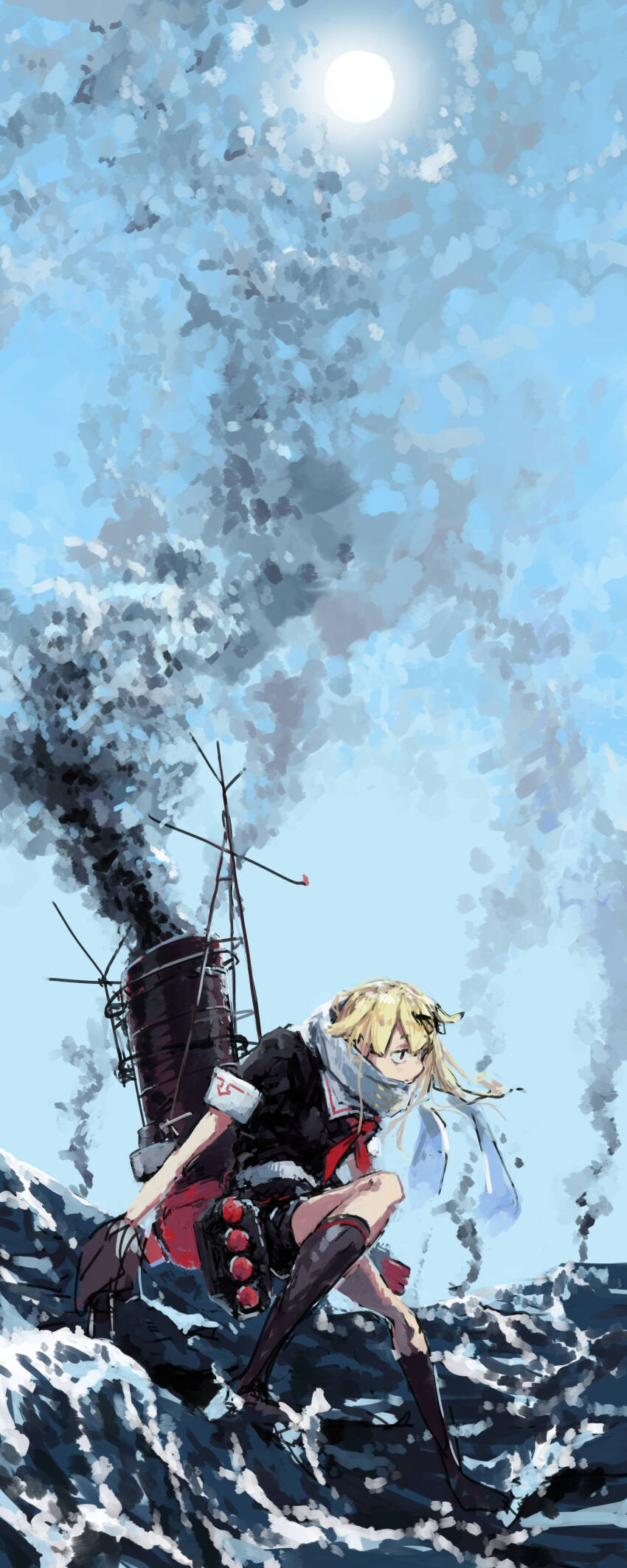 1girl absurdres black_ribbon black_serafuku black_socks blonde_hair blue_sky closed_mouth day hair_ribbon highres holding kantai_collection kappa_modoki kneehighs long_hair outdoors red_eyes ribbon rigging sailor_collar scarf school_uniform serafuku short_sleeves sky smoke socks solo unfinished water white_sailor_collar white_scarf yuudachi_(kancolle) yuudachi_kai_ni_(kancolle)
