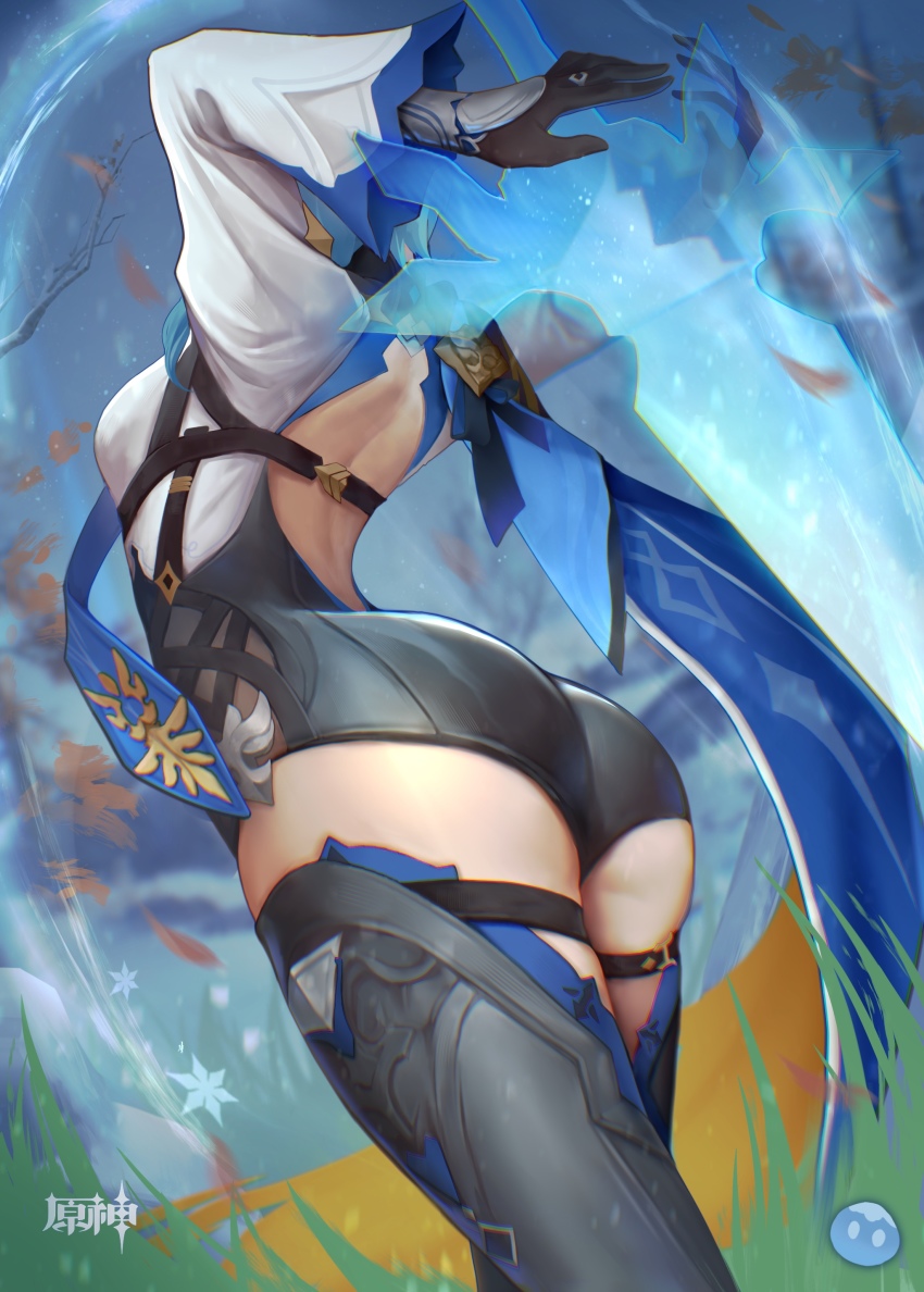1girl absurdres ass ass_focus back_cutout blue_hair blue_necktie breasts cape clothing_cutout eula_(genshin_impact) fighting_stance from_behind genshin_impact gloves highres leotard maoy123 medium_breasts necktie standing sword thigh_strap thighhighs thighs vambraces weapon
