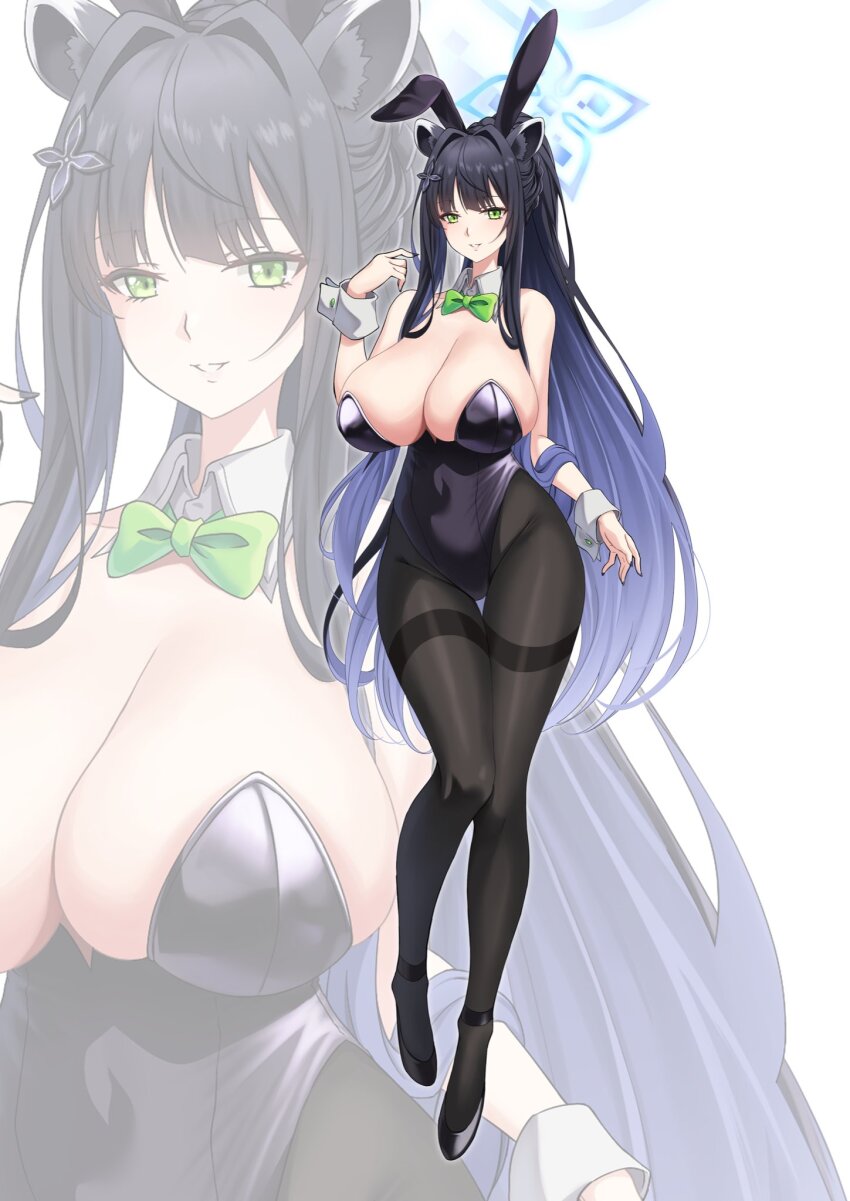 1girl alternate_costume animal_ears bare_shoulders black_hair black_nails black_pantyhose black_shoes blue_archive blue_hair blue_halo blush bow bowtie breasts cleavage colored_inner_hair commentary cowlick detached_collar fake_animal_ears full_body green_bow green_bowtie green_eyes hair_intakes halo high_heels highleg highleg_leotard highres large_breasts leotard long_hair looking_at_viewer multicolored_hair nail_polish pantyhose parted_lips playboy_bunny ponytail purple_leotard rabbit_ears shoes shun_(blue_archive) sidelocks simple_background smile solo standing strapless strapless_leotard suigetu26 thigh_gap thighband_pantyhose tiger_ears tiger_girl traditional_bowtie two-tone_hair white_background white_wrist_cuffs wing_collar wrist_cuffs zoom_layer