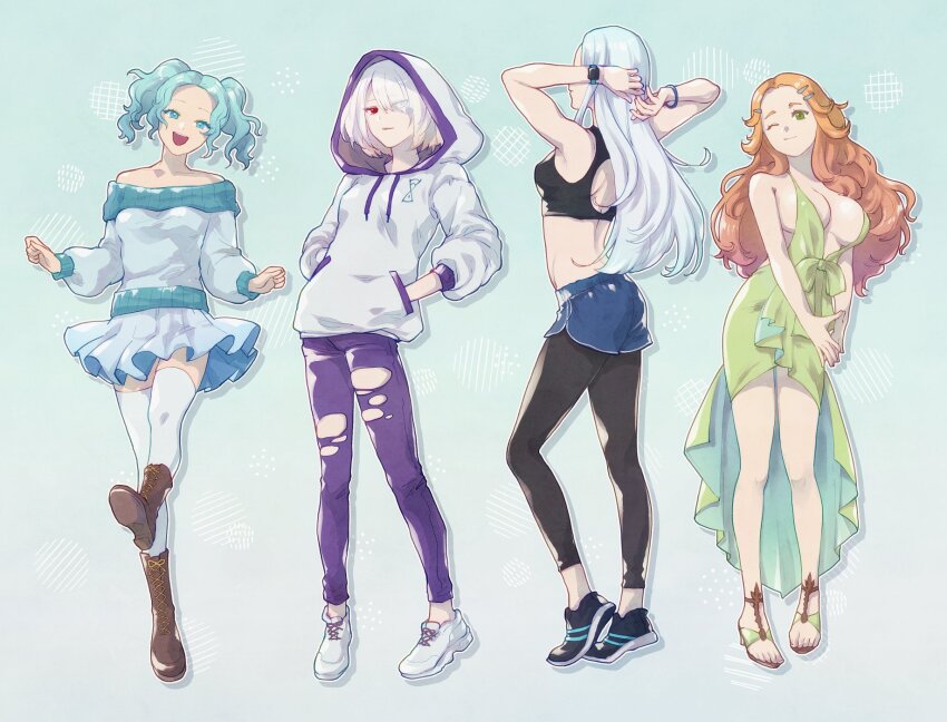 4girls :d alternate_costume aqua_hair arms_behind_head arms_up black_footwear black_leggings black_sports_bra blue_eyes blue_shorts boots bracelet breasts brown_footwear brown_hair casual commentary denim dress eyes_visible_through_hair facing_away facing_viewer final_fantasy final_fantasy_xiv fosaster_fenrir from_side green_dress green_eyes hair_ornament hair_over_one_eye hairclip halone hands_in_pockets head_tilt highres hood hood_up hoodie jeans jewelry large_breasts leggings long_hair long_sleeves looking_at_viewer menphina multiple_girls nophica nymeia off-shoulder_sweater off_shoulder one_eye_closed open_mouth outstretched_leg own_hands_together pants parted_bangs pleated_skirt red_eyes sandals shoes short_hair shorts sideboob skirt smile smirk sneakers sports_bra standing standing_on_one_leg steepled_fingers strapless strapless_dress sweater swept_bangs thighhighs torn_clothes torn_jeans torn_pants torn_sports_bra twintails very_long_hair watch wavy_hair white_footwear white_hair white_hoodie white_skirt white_sweater white_thighhighs