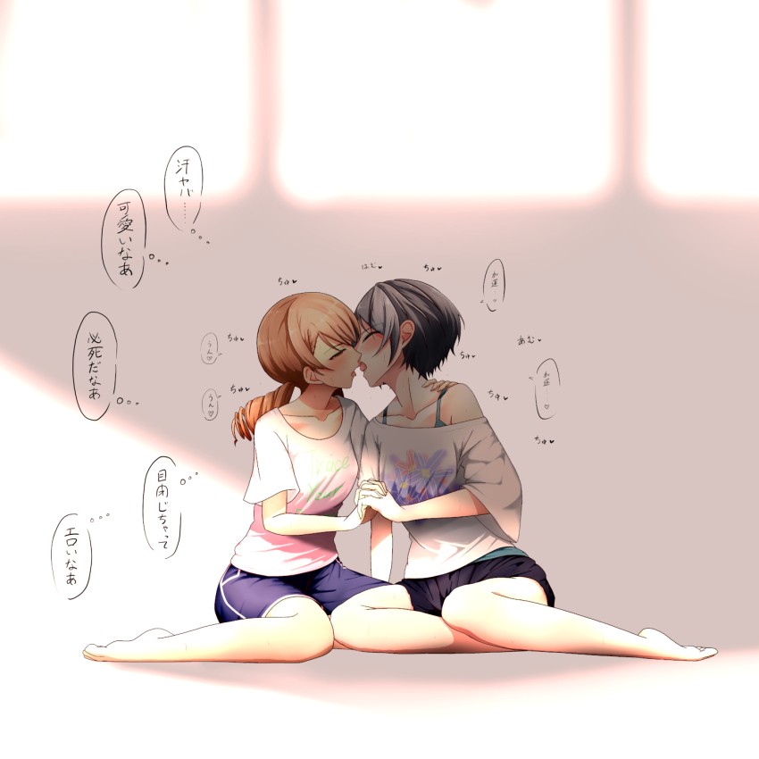 2girls backlighting bare_legs barefoot blush breasts collarbone drill_hair french_kiss hayami_kanade highres hitofudegaki_usagi hojo_karen holding_hands idolmaster idolmaster_cinderella_girls imminent_kiss interlocked_fingers kiss medium_breasts multiple_girls profile shirt short_hair sitting speech_bubble thought_bubble tongue tongue_out twintails white_shirt wide_sleeves yokozuwari yuri