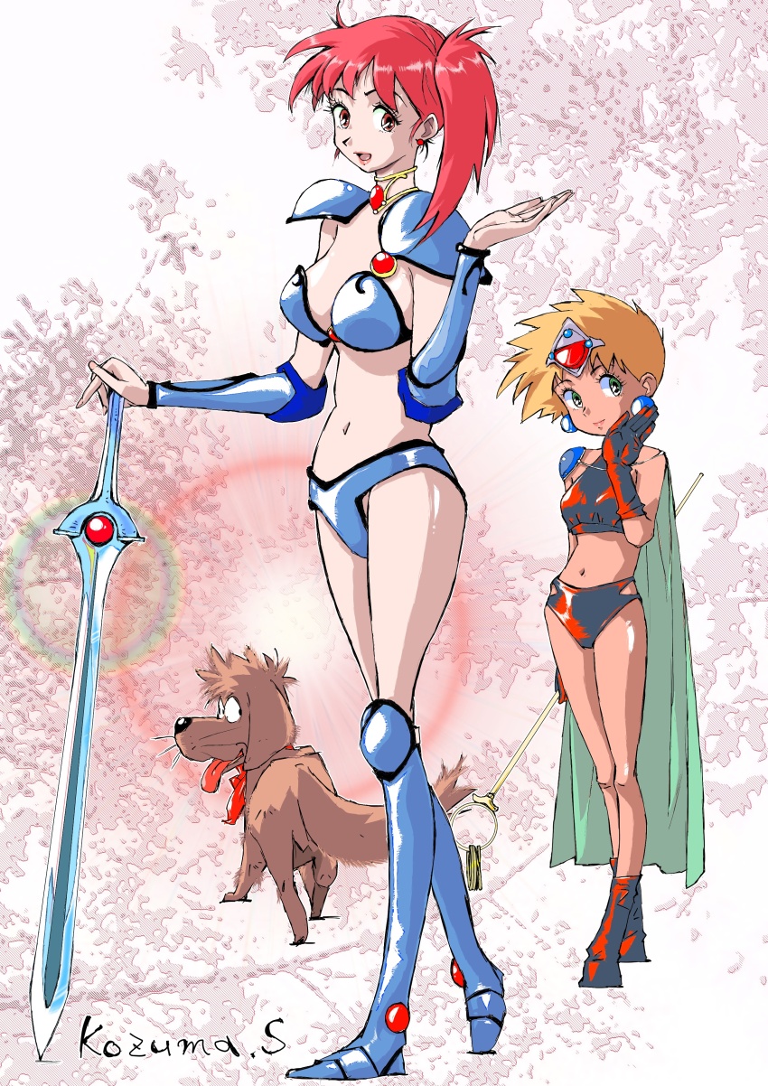 2girls absurdres armor asagiri_youko bikini_armor blonde_hair boots breasts cape dark-skinned_female dark_skin dog full_body genmu_senki_leda highres knee_boots kouzuma_shinsaku lingam looking_at_viewer medium_breasts medium_hair multiple_girls pauldrons short_hair shoulder_armor smile sword vambraces weapon yoni_(leda)