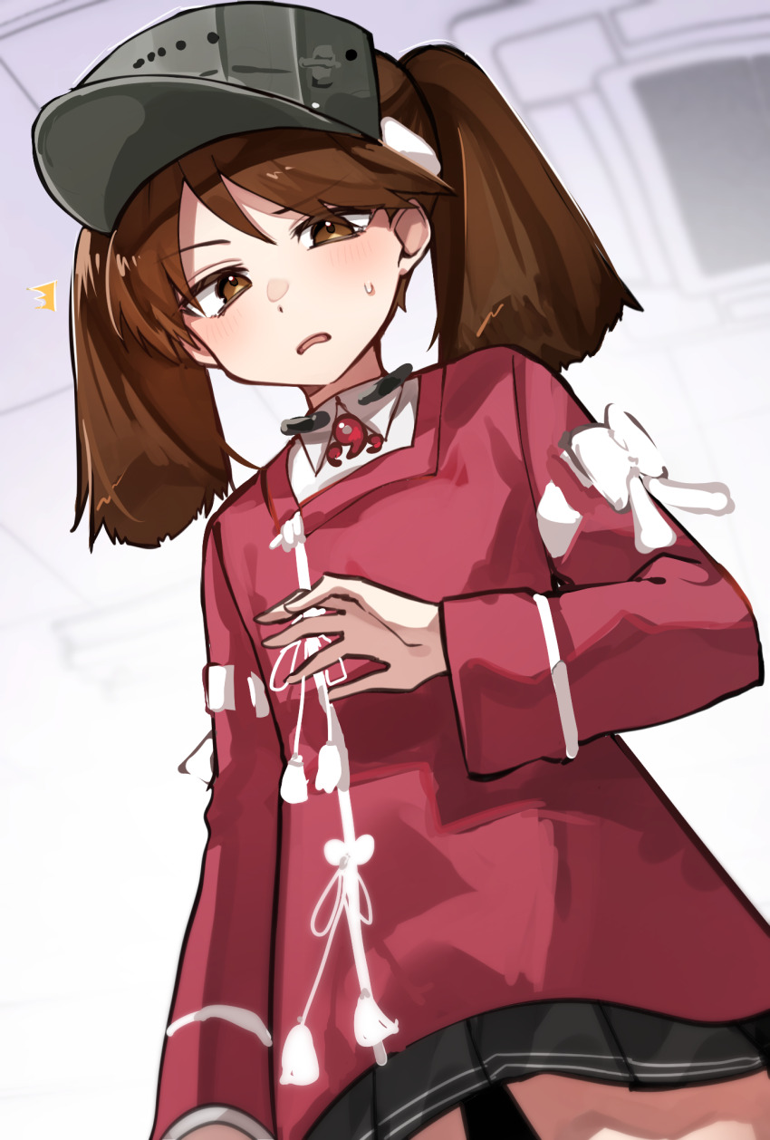 1girl black_skirt brown_eyes brown_hair ceiling cowboy_shot from_below highres japanese_clothes kantai_collection kariginu long_hair looking_at_viewer magatama pleated_skirt red_shirt ryuujou_(kancolle) shirt skirt solo tsumikitsuki_(katsuobushi) twintails visor_cap