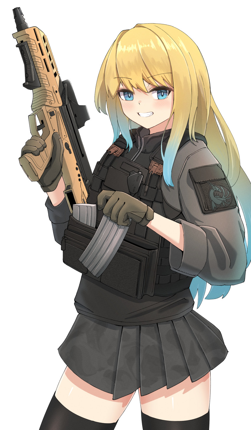 1girl absurdres black_thighhighs blonde_hair blue_eyes blue_hair bulletproof_vest bullpup camouflage desert_tech_mdr gloves gradient_hair gun highres holding indie_virtual_youtuber long_hair looking_at_viewer multicolored_hair non-web_source okapi_(yomaigoto) solo thighhighs virtual_youtuber weapon zeta_(vtuber) zeta_(vtuber)_(1st_costume)