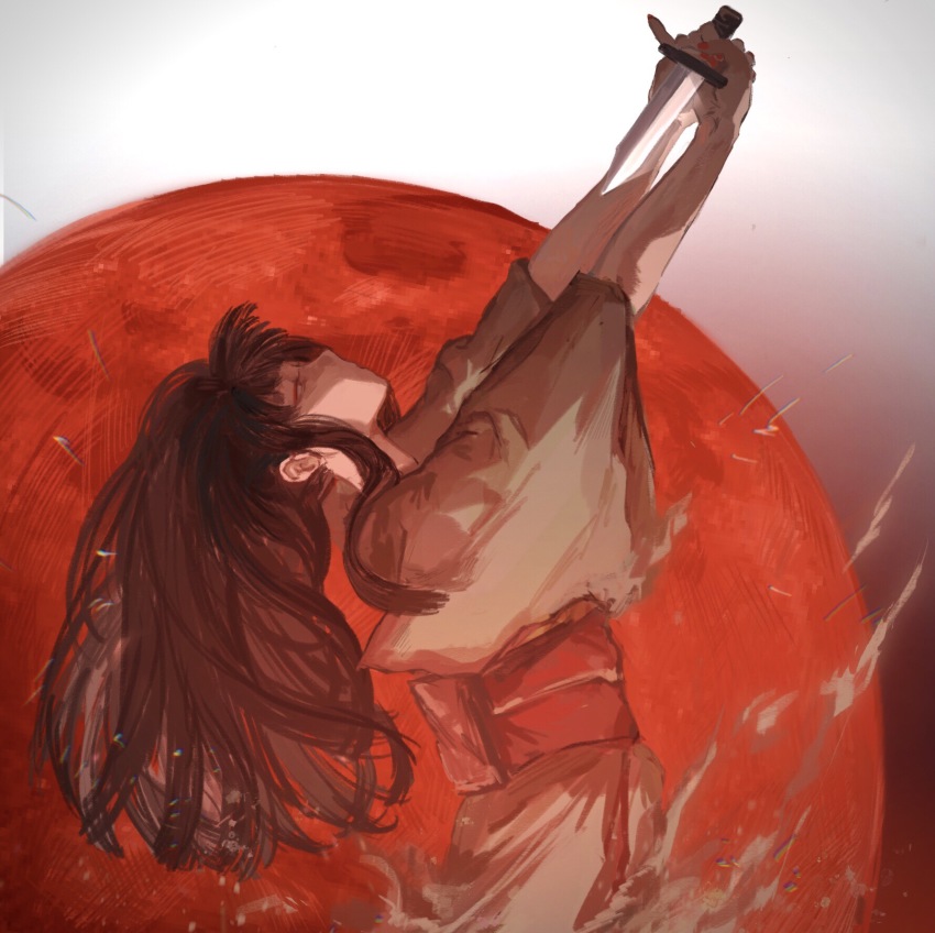 1girl black_hair brown_kimono dissolving expressionless eyeshadow final_fantasy final_fantasy_xiv from_side gradient_background half-closed_eyes highres holding holding_knife hyur imminent_suicide japanese_clothes kimono knife leaning_back long_hair makeup moon nail_polish obi obiage outstretched_arms own_hands_together profile red_background red_eyeshadow red_moon red_nails sash seppuku solo standing suicide torso382 two-tone_background upper_body white_background wide_sleeves yotsuyu_goe_brutus