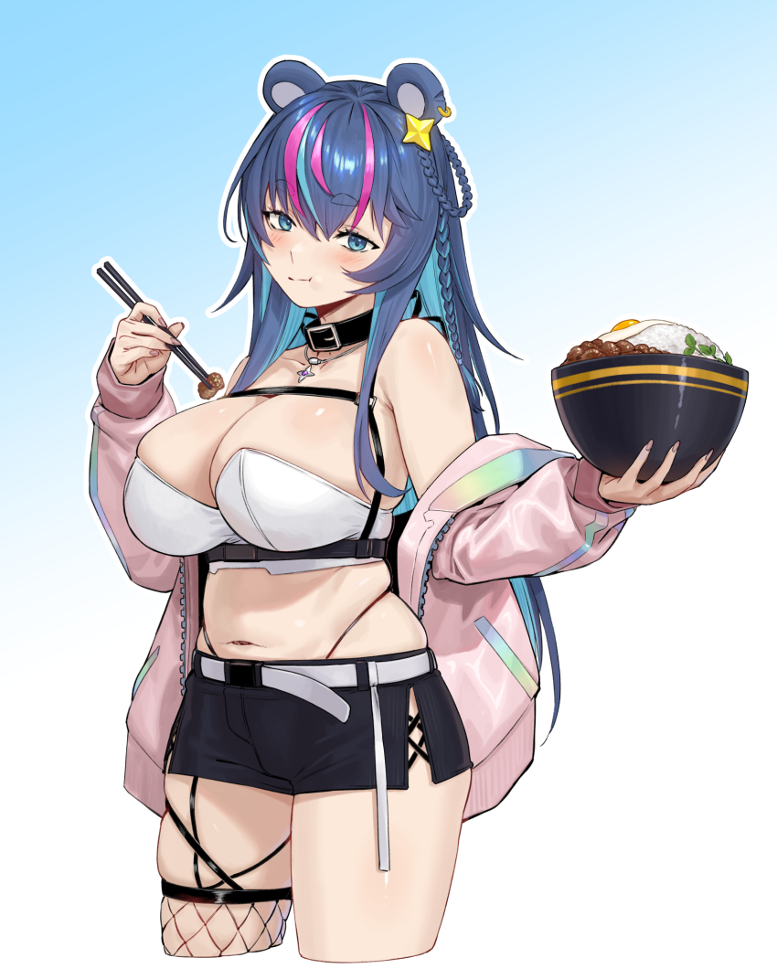 1girl agemmata animal_ears bear_ears blue_eyes blue_hair bowl braid breasts choker chopsticks cleavage earrings eating food fujikura_uruka hair_ornament highres jacket jewelry large_breasts midriff phase_connect plump rice_bowl skindentation solo thong virtual_youtuber