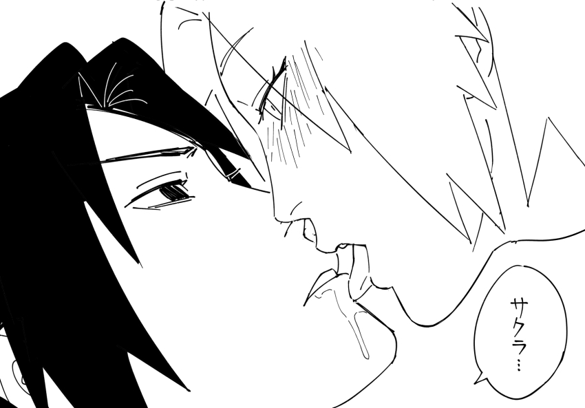 1boy 1girl black_hair blush eyelashes furrowed_brow haruno_sakura head hetero highres licking licking_another&#039;s_face licking_another&#039;s_lips looking_at_another naruto_(classic) naruto_(series) naruto_shippuuden nose nyan_2020 open_mouth saliva sexually_suggestive speech_bubble teeth tongue tongue_out uchiha_sasuke white_background