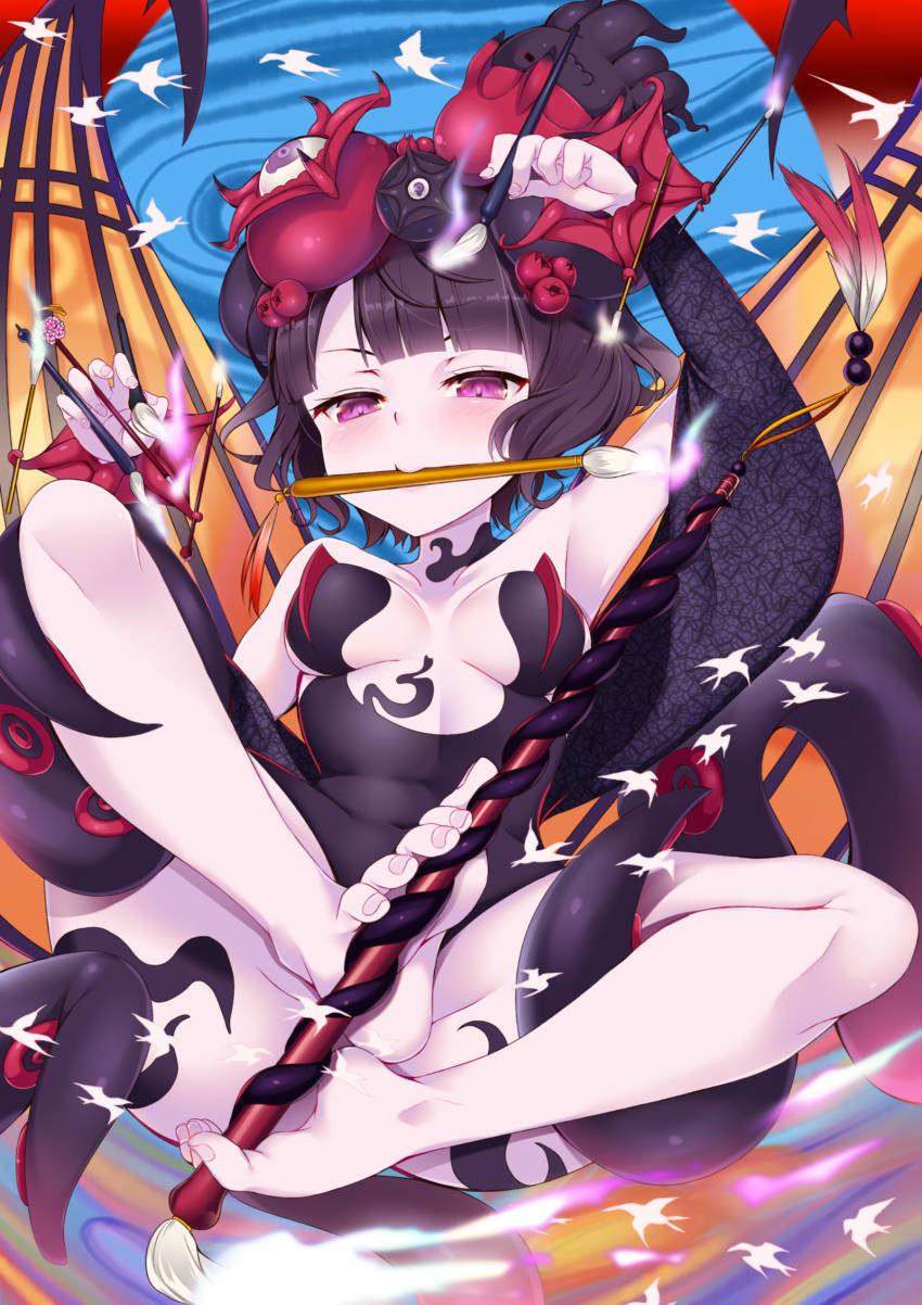 1girl arm_up bare_shoulders barefoot between_fingers between_toes bird black_dress black_hair blush breasts calligraphy_brush closed_mouth collarbone commentary_request convenient_censoring covered_navel dress fate/grand_order fate_(series) feet female_focus fingernails hair_ornament highres holding holding_paintbrush holding_with_feet katsushika_hokusai_(fate) katsushika_hokusai_(third_ascension)_(fate) ko_yu long_fingernails long_sleeves medium_breasts mouth_hold paintbrush purple_eyes short_hair soles solo suction_cups tentacles thighs toenails toes v-shaped_eyebrows