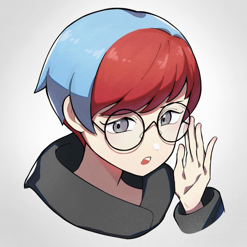 1girl adjusting_eyewear black-framed_eyewear blue_hair commentary_request disembodied_hand glasses grey_background grey_eyes hand_up highres hood hoodie long_sleeves multicolored_hair nintendo nori_(hgdm2784) open_mouth penny_(pokemon) pokemon pokemon_sv portrait red_hair round_eyewear short_hair simple_background solo two-tone_hair