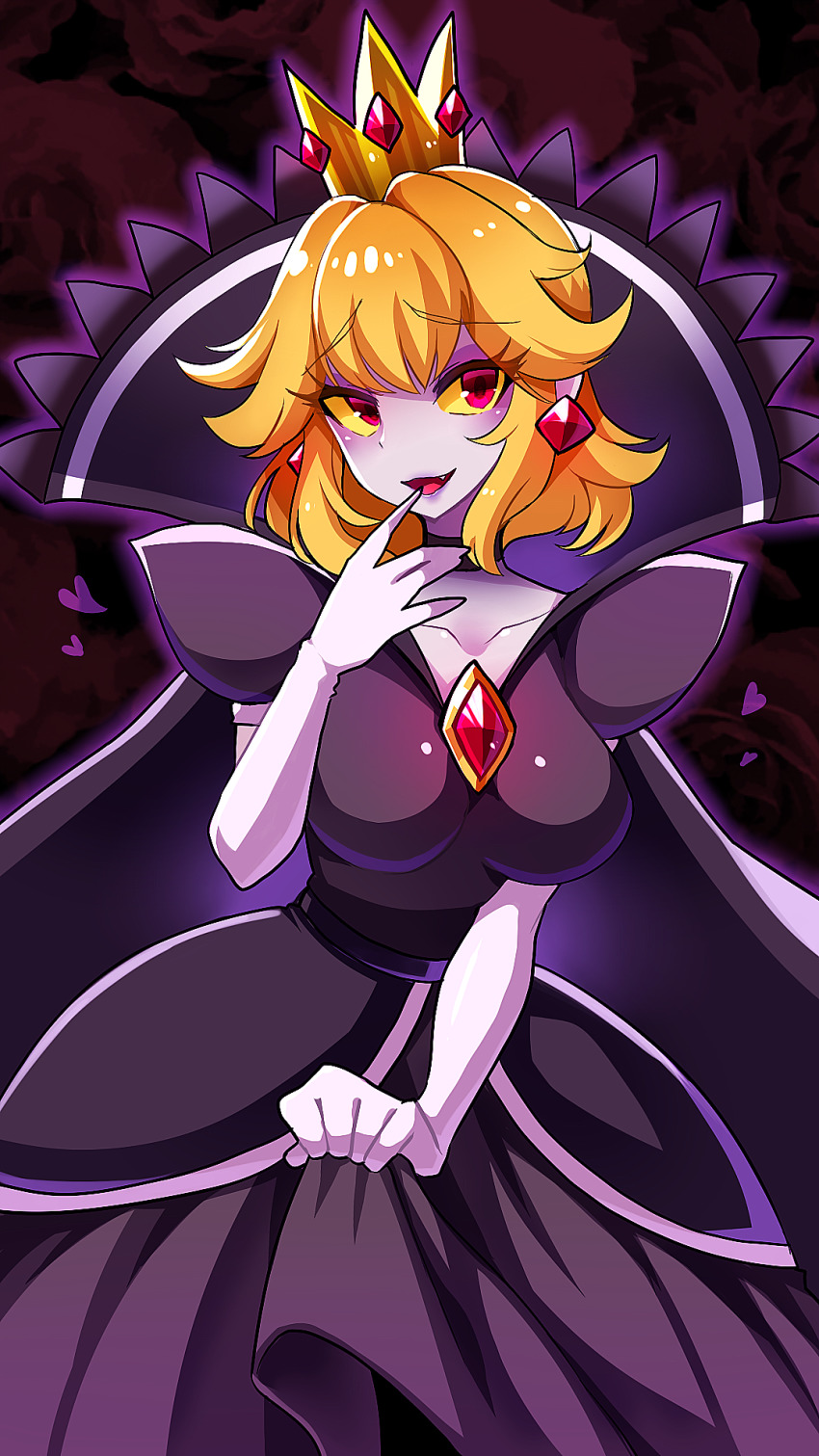 1girl blonde_hair colored_sclera colored_skin crown dress earrings elbow_gloves finger_to_mouth gloves heart high_collar highres jewelry paper_mario paper_mario:_the_thousand-year_door princess_peach purple_dress purple_skin red_eyes shadow_queen smile tanpopo_hayabusa-maru white_gloves yellow_sclera