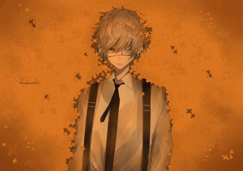 1boy absurdres artist_logo black_necktie brown_eyes brown_hair closed_mouth collared_shirt commentary cross cross_earrings ear_piercing earrings eyepatch gold_osmanthus hair_between_eyes highres jewelry latin_cross logo long_sleeves looking_at_viewer lying male_focus mano_aaa necktie on_back one_eye_covered original piercing shirt solo suspenders upper_body white_shirt