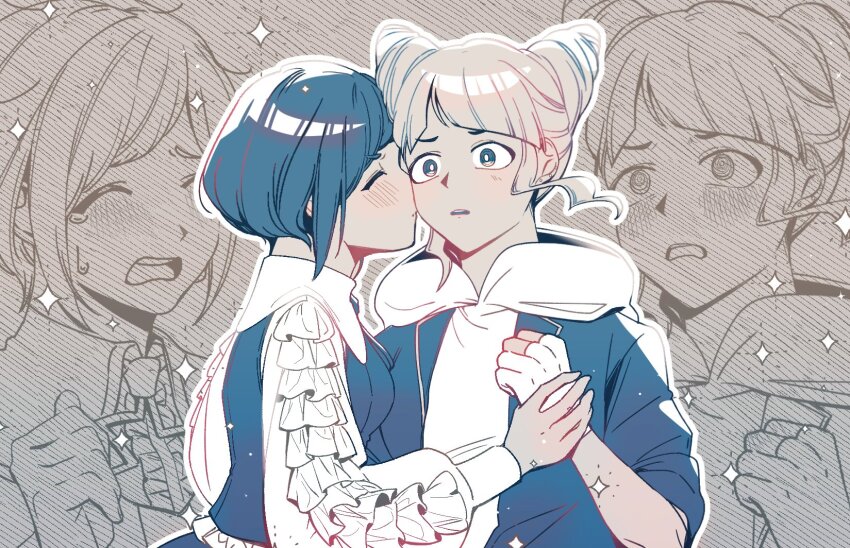 2girls b1ue_e4rth blue_eyes blue_hair blush closed_eyes collared_shirt commentary_request cone_hair_bun constricted_pupils double_bun frilled_shirt frilled_sleeves frills fukurai_azami gloves hair_bun highres holding_another&#039;s_wrist hood hood_down jasmine_(toshi_densetsu_kaitai_center) kiss kissing_cheek korean_commentary limited_palette long_sleeves multiple_girls partially_fingerless_gloves shirt short_hair sparkle standing surprised tears toshi_densetsu_kaitai_center upper_body yuri