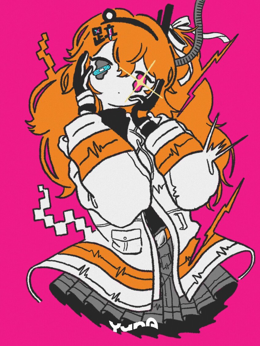 1girl a.i._voice adachi_rei alternate_hair_length alternate_hairstyle bandaged_hand bandages bandaid_on_eye belt black_shirt cable closed_mouth colored_skin commentary_request cropped_legs diffraction_spikes dot_mouth expressionless grey_skirt hair_ribbon hands_on_own_cheeks hands_on_own_face hands_up head_tilt headlamp heterochromia highres jacket kanji_hair_ornament lightning_bolt_symbol long_hair long_sleeves looking_at_viewer no_sclera one_side_up open_clothes open_jacket orange_belt pink_background pixels pleated_skirt radio_antenna ribbon shirt signature simple_background skirt solo straight-on tougenkyou_e_ikou_(utau) translation_request turtleneck two-tone_gloves utau wavy_eyes white_jacket white_ribbon white_skin yuna_(the_boon_109)