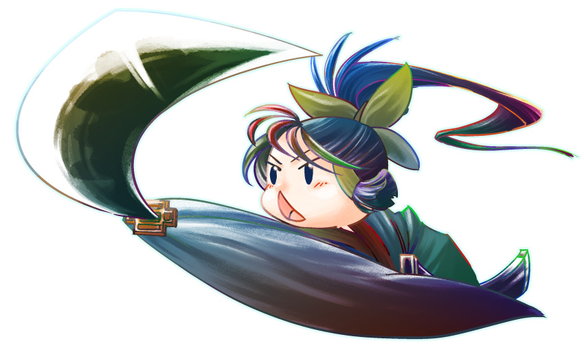 1girl alternate_costume black_eyes black_hair blush bow commentary_request cookie_(touhou) green_bow grey_kimono hair_bow hair_tubes hakurei_reimu high_ponytail highres japanese_clothes katana kimono long_hair open_mouth ponytail sakenomi_(cookie) simple_background solo sword touhou transparent_background triangle_mouth ukiwagirl upper_body weapon