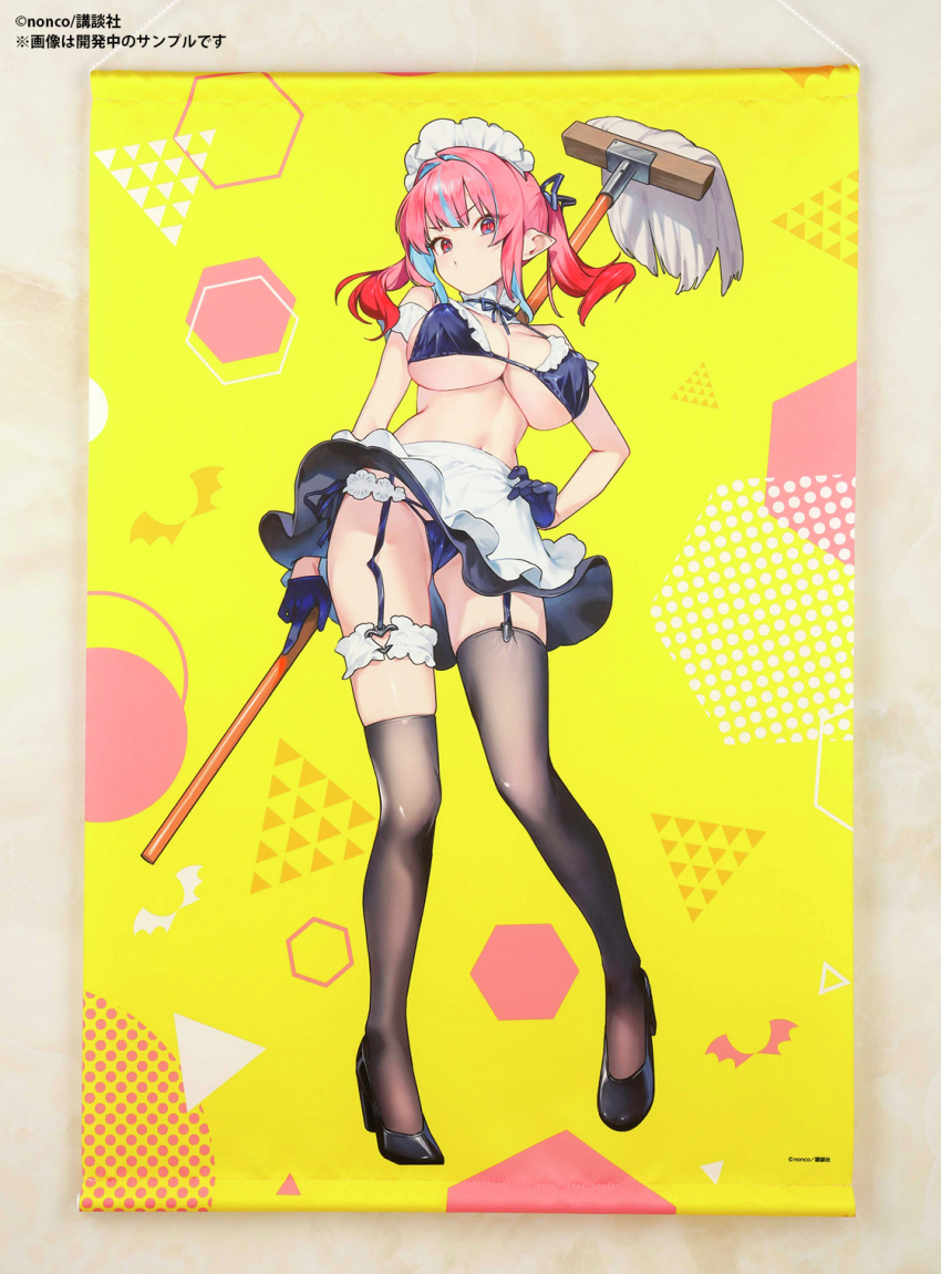1girl apron bikini black_thighhighs blue_hair bow breasts demon_girl kanan-sama_wa_akumade_choroi large_breasts looking_at_viewer maid maid_apron maid_bikini multicolored_hair nonco official_art pink_eyes pink_hair pointy_ears solo streaked_hair swimsuit thighhighs twintails unconventional_maid