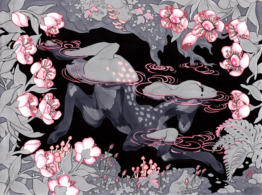 animal_focus black_tears crying deer fawn fern fleebites flower grey_fur leaf limited_palette monochrome mushroom no_humans original partially_submerged pink_flower pink_theme pond ripples signature spot_color underwater water