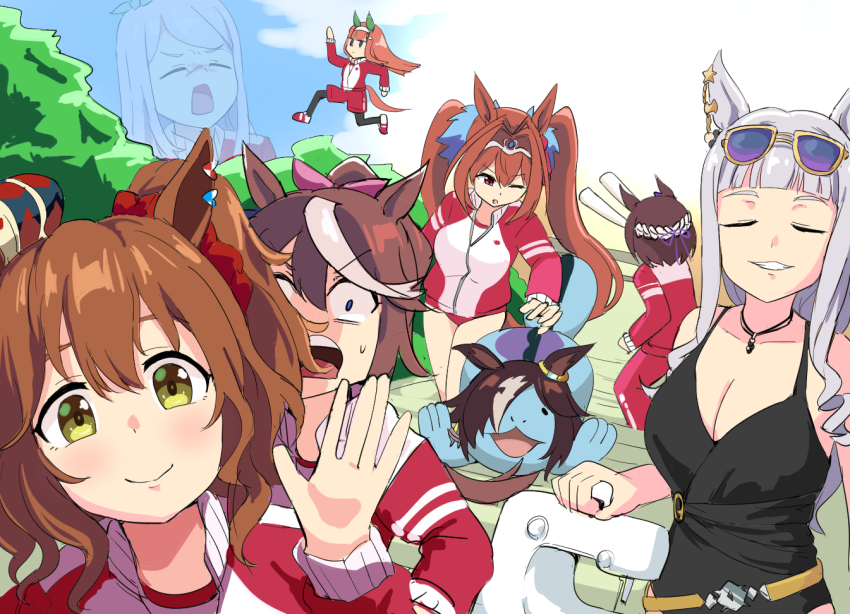 6+girls animal_ears aston_machan_(umamusume) big_enough_(meme) black_one-piece_swimsuit braid breasts brown_hair buruma cleavage cosplay crown daiwa_scarlet_(umamusume) ear_covers eyewear_on_head facing_viewer gen_2_pokemon gold_ship_(run_revolt_launcher)_(umamusume) gold_ship_(umamusume) green_eyes hair_ornament hair_ribbon hair_scrunchie horse_ears horse_girl horse_tail jacket jewelry large_breasts long_hair looking_at_viewer medium_breasts mejiro_mcqueen_(umamusume) meme mini_crown multicolored_hair multiple_girls necklace nintendo official_alternate_costume one-piece_swimsuit one_eye_closed open_mouth orange_hair pantyhose pantyhose_under_shorts pink_ribbon pokemon ponytail quagsire red_jacket red_scrunchie ribbon scrunchie shorts side_braid side_ponytail silence_suzuka_(umamusume) smile special_week_(umamusume) stairs streaked_hair sunglasses swept_bangs swimsuit tail tenten_(chan4545) tokai_teio_(umamusume) tracen_training_uniform track_jacket tripping twintails two-tone_hair umamusume vodka_(umamusume) vodka_(umamusume)_(cosplay)