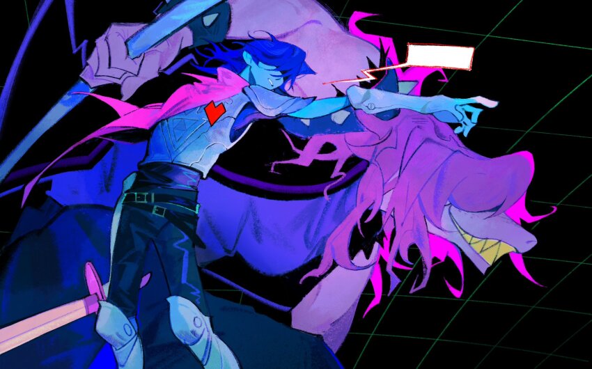 1girl 1other armor blue_hair blue_skin bourbonciely bracelet cape colored_skin colored_teeth deltarune furry furry_female gloves heart highres jewelry kris_(dark_world)_(deltarune) kris_(deltarune) purple_skin reptile_girl smile soul_(deltarune) speech_bubble spiked_bracelet spikes susie_(dark_world)_(deltarune) susie_(deltarune) sword teeth tomboy weapon yellow_teeth