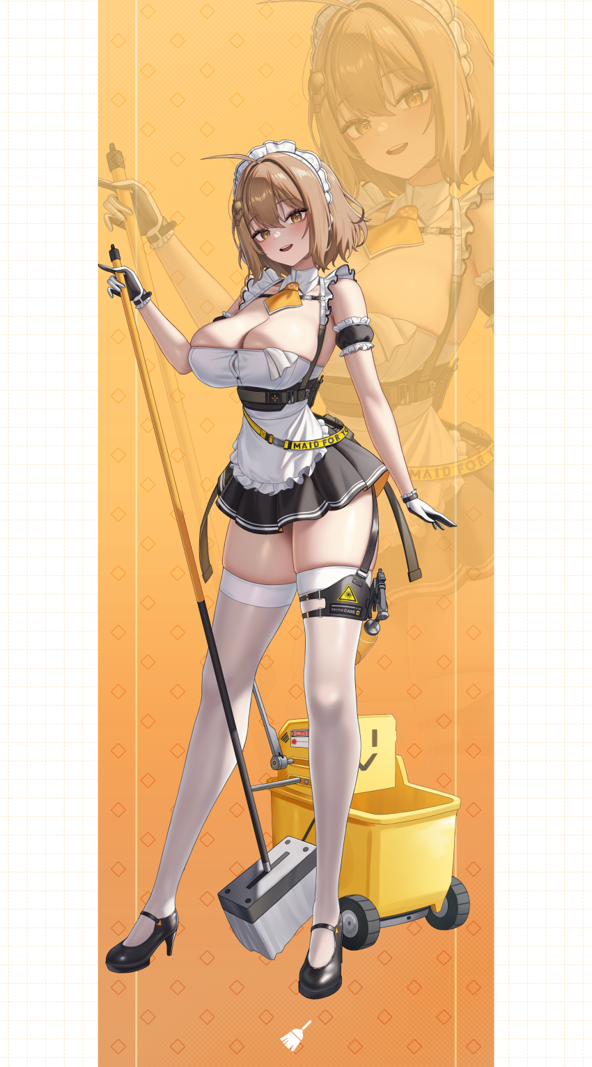 1girl :d absurdres alternate_costume anis_(nikke) apron blush breasts brown_eyes brown_hair full_body gloves goddess_of_victory:_nikke hair_ornament high_heels highres large_breasts looking_at_viewer maid_headdress open_mouth short_hair smile standing subob_(subobdesu) teeth thighhighs thighs upper_teeth_only white_apron white_thighhighs