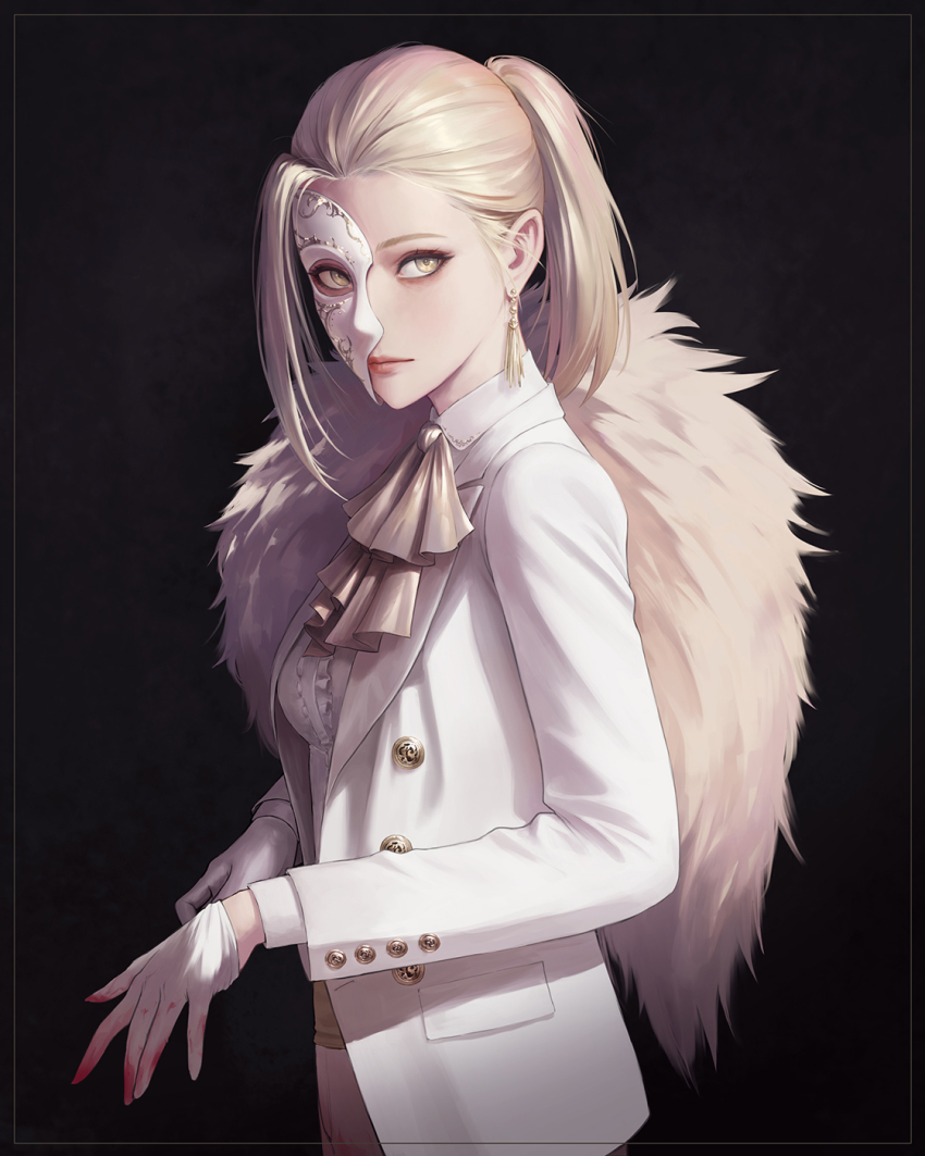 1girl ascot black_background blonde_hair blood_on_gloves collared_shirt commentary earrings gloves half_mask highres jacket jewelry lips looking_at_viewer looking_to_the_side mask nuker_(nukerdraws) open_clothes open_jacket original platinum_blonde_hair ponytail putting_on_gloves shirt simple_background solo suit_jacket upper_body white_gloves white_jacket white_shirt