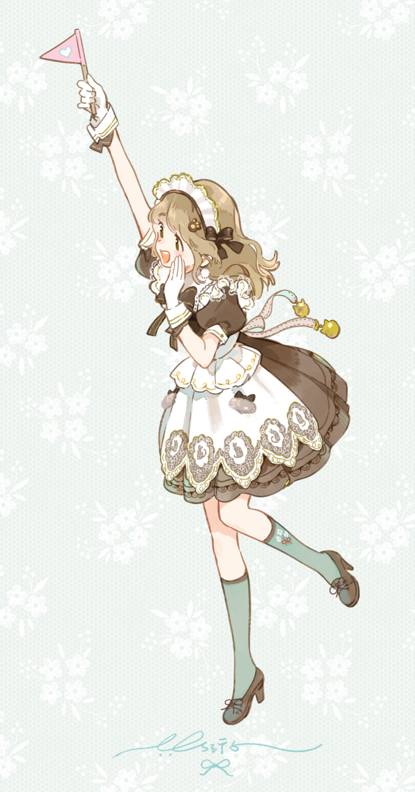 1girl absurdres apron apuaayu aqua_socks arm_up blonde_hair blunt_bangs blush_stickers bow bow_apron bowtie breezy_tea_time_(infinity_nikki) brown_bow brown_bowtie brown_dress brown_eyes brown_ribbon brown_shorts buttons chinese_commentary commentary_request dress eyelashes flag floating_clothes floral_background floral_print footwear_ribbon frilled_apron frills full_body gloves grey_background hair_bow hand_on_own_cheek hand_on_own_face happy heart high_heels highres holding holding_flag infinity_nikki kneehighs long_hair looking_ahead maid maid_headdress medium_dress nikki_(series) open_mouth paw_hair_ornament pleated_dress pocket puffy_short_sleeves puffy_sleeves pumps ribbon ribbon_legwear short_sleeves shorts sidelocks signature smile socks solo standing tareme teeth upper_teeth_only white_apron white_gloves white_sleeve_cuffs wrist_bow