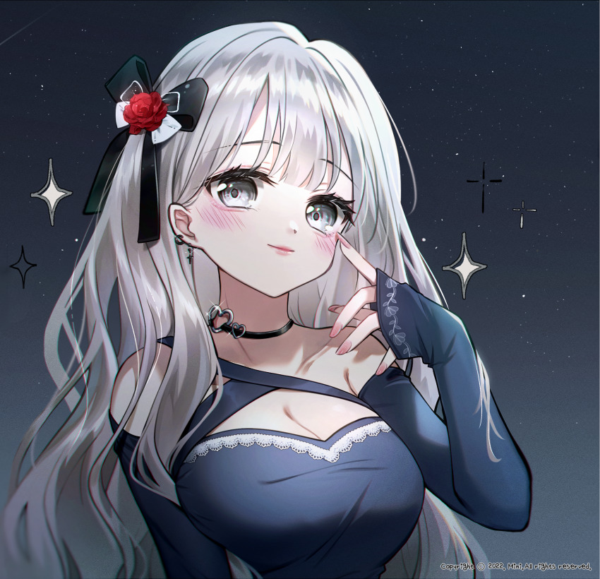 1girl black_bow blue_dress blue_sleeves blush bow breasts cleavage closed_mouth collarbone commission danby_merong detached_sleeves dress flower grey_eyes grey_hair hair_bow hair_flower hair_ornament hand_up highres long_hair long_sleeves medium_breasts night night_sky original red_flower red_rose rose single_strap sky sleeves_past_wrists smile solo sparkle star_(sky) starry_sky