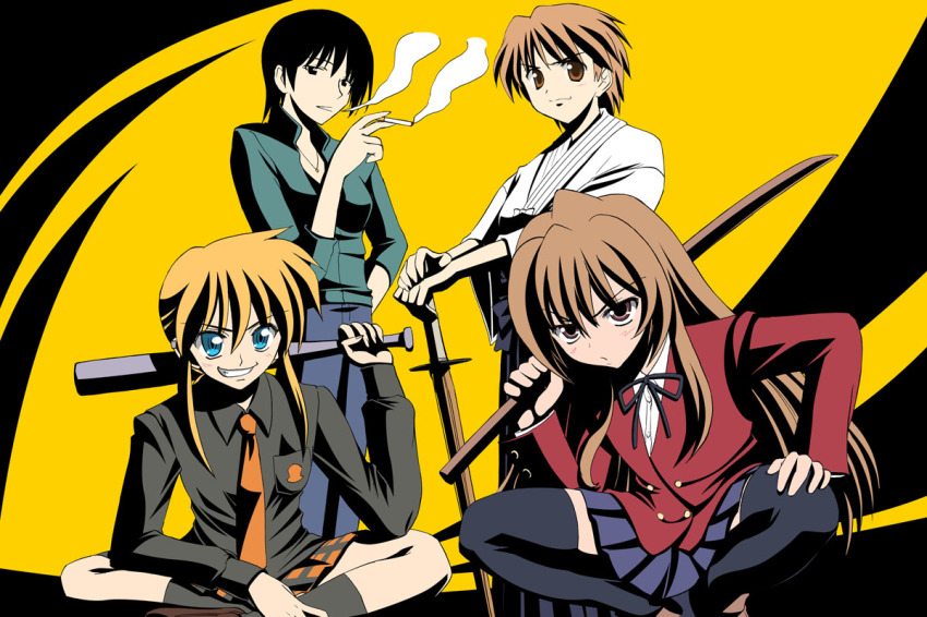 00s 4girls aisaka_taiga baseball_bat black_eyes black_hair blue_eyes blue_hakama bokken brown_eyes brown_hair cigarette crossover fate/stay_night fate_(series) flat_color fujimura_taiga grin hakama hakama_skirt hands_on_hilt hyakko indian_style japanese_clothes kageyama_torako kishi_nisen long_hair multiple_crossover multiple_girls name_connection orange_hair school_uniform shinai short_hair sitting skirt smile smoking socks squatting sword thighhighs tomboy toradora! torako_(yotsubato!) tsundere weapon wooden_sword yotsubato!