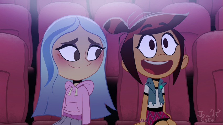 2girls absurdres artist_name closed_mouth commentary english_commentary highres indoors joseartcentenoofficial long_hair molly_mcgee movie_theater multiple_girls open_mouth short_hair signature smile star_vs_the_forces_of_evil teeth the_ghost_and_molly_mcgee theater_seating tongue upper_teeth_only very_long_hair