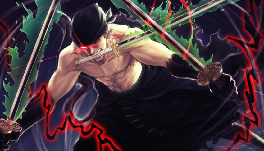 1boy bandana black_bandana commentary darkcore2943 earrings english_commentary green_aura haki_(one_piece) haramaki holding holding_sword holding_weapon jewelry making-of_available male_focus one_eye_closed one_piece roronoa_zoro signature solo stitched_torso stitches sword topless_male weapon weapon_in_mouth wind
