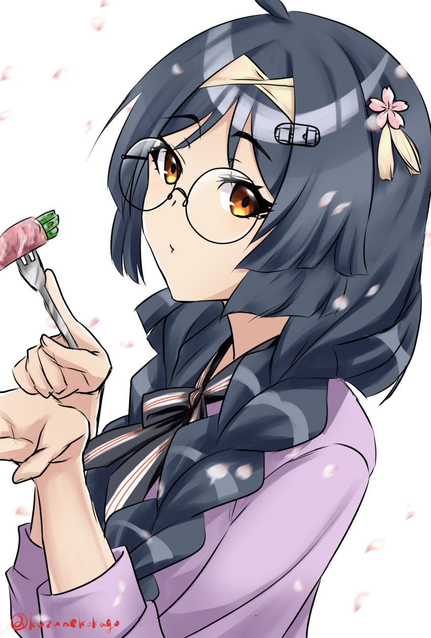1girl black_hair black_ribbon braid brown_eyes commentary_request flower fork glasses hair_flower hair_ornament heian_maru_(kancolle) heian_maru_(spring)_(kancolle) highres kantai_collection neck_ribbon one-hour_drawing_challenge purple_shirt ribbon round_eyewear shirt shizukuneko simple_background solo twin_braids upper_body white_background