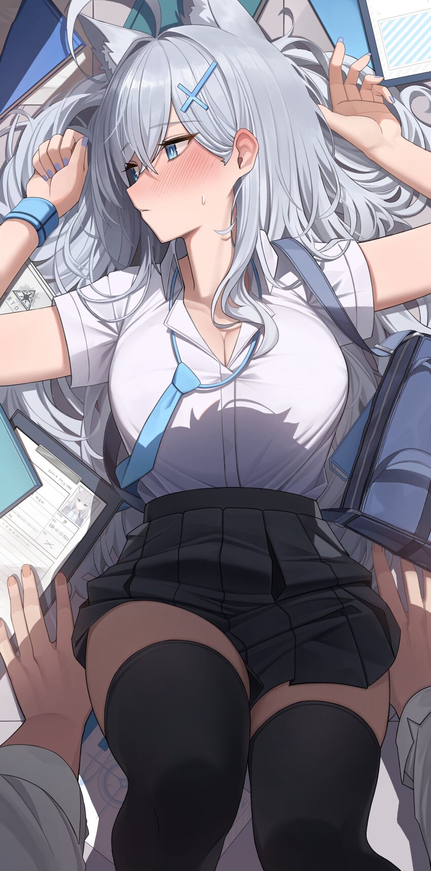 1boy 1girl absurdres animal_ear_fluff animal_ears black_skirt black_thighhighs blue_archive blue_eyes blush boy_on_top breasts clipboard cross_hair_ornament extra_ears grey_hair hair_ornament halo highres long_hair mismatched_pupils necktie pang-yo paper pleated_skirt shiroko_(blue_archive) shirt skirt thighhighs white_shirt wolf_ears