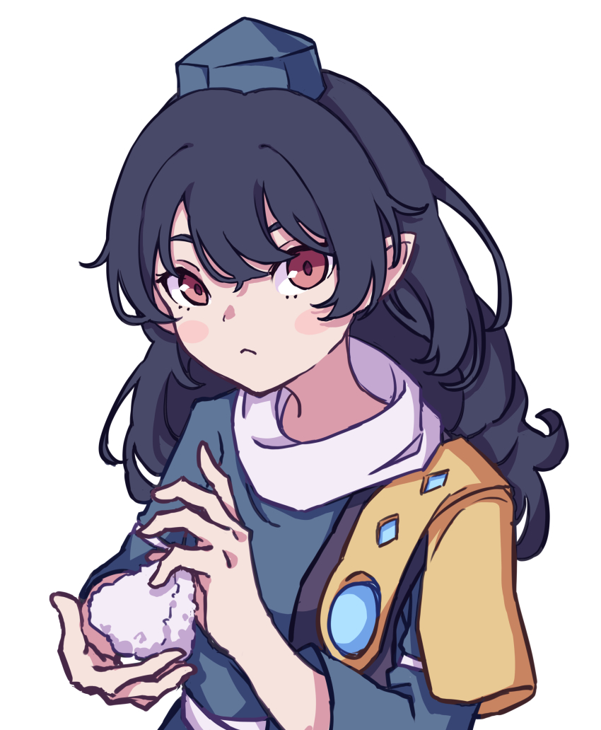 1girl :&lt; absurdres black_legwear blue_dress blue_hair dress frilled_dress frills gem hat highres iizunamaru_megumu kame_(kamepan44231) long_hair one-hour_drawing_challenge pointy_ears pom_pom_(clothes) red_eyes ribbon_trim shoulder_guard simple_background tengu tokin_hat touhou white_background