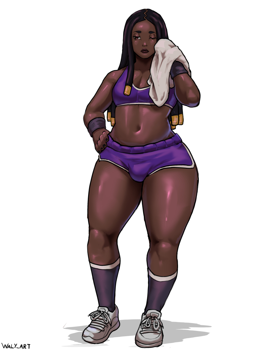 1boy absurdres artist_name black_hair black_nails brown_eyes bulge dark-skinned_male dark_skin dreadlocks hand_on_own_hip highres lex_(gwizgizgeese) long_hair male_focus navel one_eye_closed original purple_shorts purple_sports_bra shoes short_shorts shorts sneakers socks solo sports_bra standing towel trap very_dark_skin waly_art white_background workout_clothes