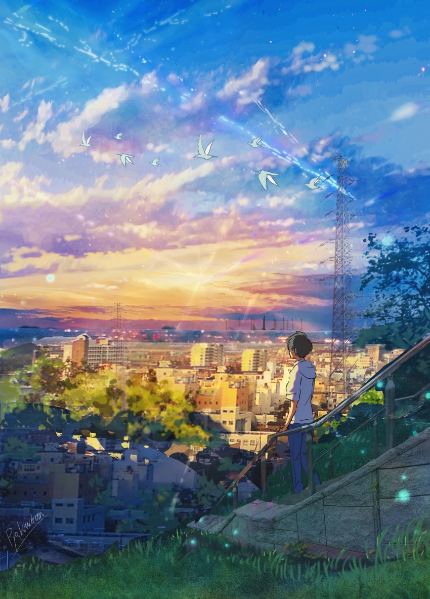 1boy bird black_hair blue_pants blue_sky building city cityscape cloud commentary_request denim evening grass harbor highres hood hoodie horizon jeans meteor ocean original outdoors pants railing ryowelcome1 scenery signature sky stairs sunset tree utility_pole white_bird white_hoodie window