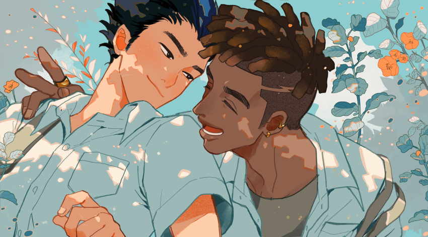 1715yorugohan 2boys arm_around_shoulder arm_up bag black_hair blue_hair breast_pocket commentary crew_neck dark-skinned_male dark_skin dreadlocks earrings english_commentary flower grey_shirt highres jewelry leaf looking_at_another lower_teeth_only male_focus multiple_boys multiple_earrings open_mouth orange_flower phoenix_(valorant) piercing plant pocket ring shirt short_hair short_sleeves shoulder_bag smile teeth thick_eyebrows undercut upper_body v valorant white_shirt wing_collar yoru_(valorant)