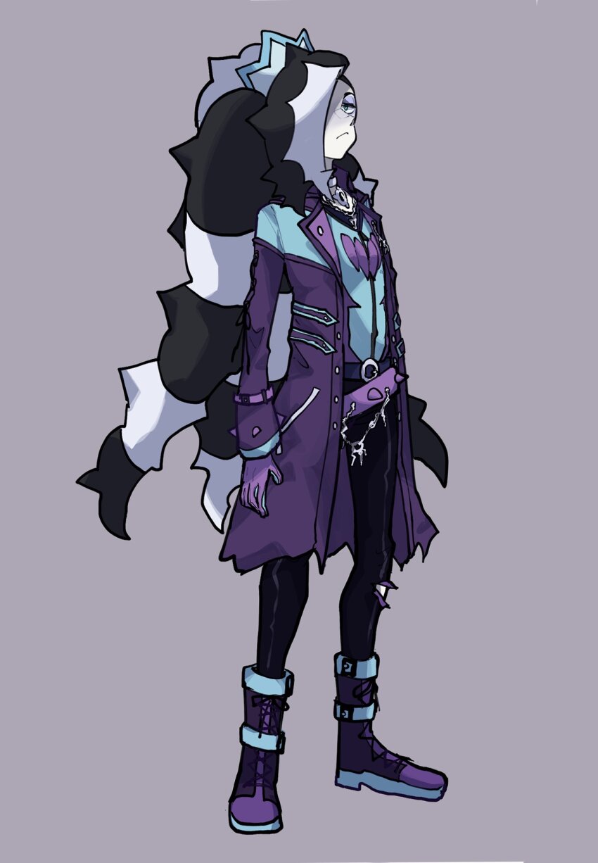 1boy belt black_hair black_pants blue_shirt choker closed_mouth coat cosplay eyeshadow full_body gen_8_pokemon gloves green_eyes grey_background highres long_hair looking_at_viewer makeup male_focus multicolored_hair nintendo pants piers_(pokemon) pokemon pokemon_swsh purple_belt purple_coat purple_eyeshadow purple_footwear purple_gloves shiba_dzuke shirt simple_background standing toxtricity toxtricity_(cosplay) toxtricity_(low_key) trench_coat two-tone_hair white_hair