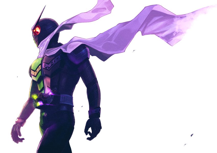 1boy armor belt black_armor black_gloves compound_eyes rider_belt gaia_memory gloves glowing glowing_eye green_armor green_gloves highres kamen_rider kamen_rider_double kamen_rider_w male_focus red_eyes rider_belt sato_masaki_(masayakofu) scarf tokusatsu walking white_background white_scarf