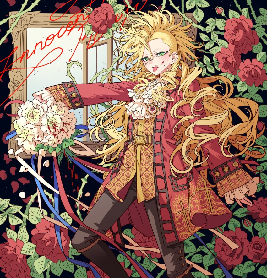1girl ascot belt black_pants blonde_hair blood blood_on_face blood_on_flower blood_splatter bouquet coat copyright_name eyeball flower green_eyes hair_between_eyes highres holding holding_bouquet innocent_rouge long_hair long_sleeves looking_at_viewer marie-joseph_sanson meremero open_mouth pants petals picture_frame red_coat red_flower red_rose rose smile solo standing thorns tongue tongue_out undercut white_ascot white_flower white_rose