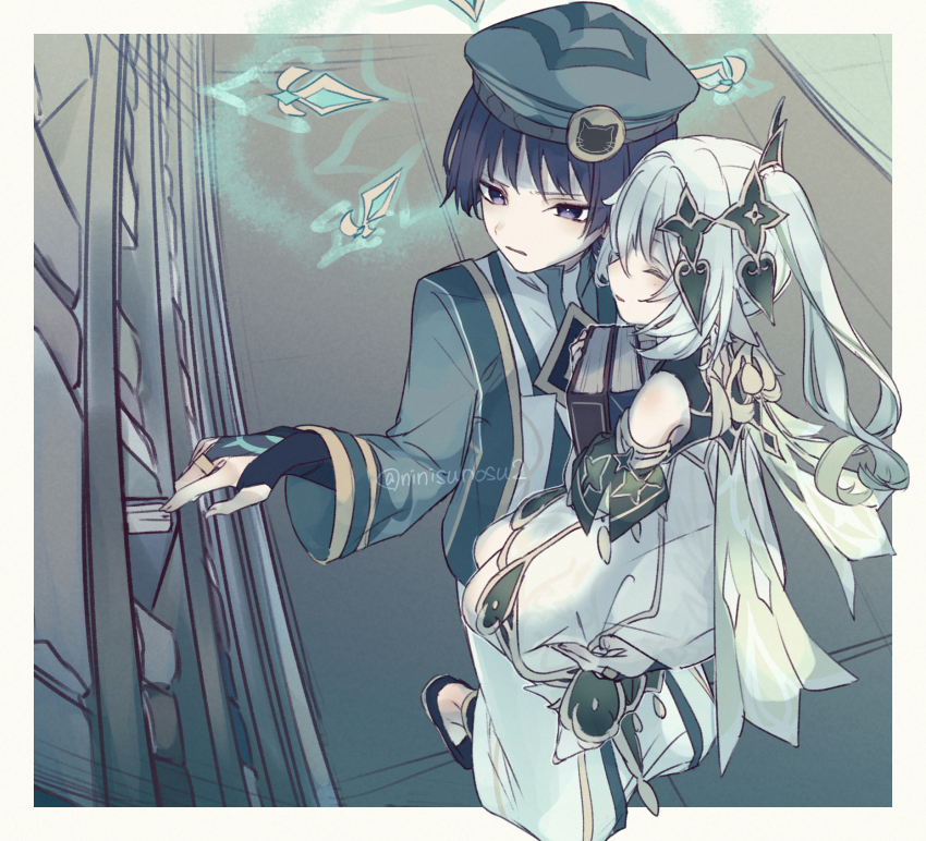 1boy 1girl akademiya_uniform alternate_costume animal_print anklet aqua_halo armlet beret black_bridal_gauntlets black_footwear black_hair book book_stack bookshelf border bridal_gauntlets bright_pupils cape carrying carrying_person cat_print closed_eyes coat detached_sleeves fingernails genshin_impact gold gold_ring gold_trim gradient_hair green_cape green_coat green_hat green_sleeves grey_hair grey_trim hair_between_eyes hair_ornament halo halo_behind_head hat heart heart_hair_ornament highres holding holding_book jewelry library long_hair long_sleeves looking_at_object looking_to_the_side magic_circle midair middle_ring multicolored_hair nahida_(genshin_impact) ninisunosu2 open_clothes open_coat parted_lips purple_eyes scaramouche_(genshin_impact) side_ponytail sidelocks slippers smile stirrup_footwear twitter_username wanderer_(genshin_impact) white_border white_footwear white_hair white_pupils