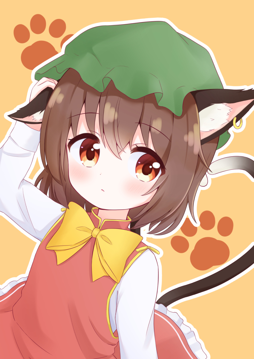 1girl animal_ear_fluff animal_ear_piercing animal_ears arm_up blush bow bowtie brown_background brown_eyes brown_hair cat_ears cat_tail chen closed_mouth commentary_request earrings expressionless frills hair_between_eyes hat highres jewelry long_sleeves looking_at_viewer mob_cap multiple_tails nekomata paw_print paw_print_background red_skirt red_vest short_hair simple_background single_earring skirt skirt_set solo tail tareme toriki_fukuro touhou two_tails vest yellow_bow yellow_bowtie